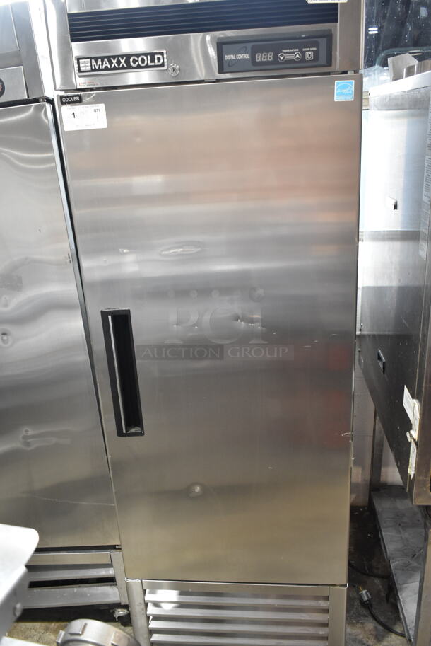 BRAND NEW SCRATCH AND DENT! 2021 Maxx Cold MCR-23FDHC Stainless Steel Commercial Single Door Reach In Cooler w/ Poly Coated Racks and Commercial Casters. 115 Volts, 1 Phase. Tested and Working! - Image 1 of 6