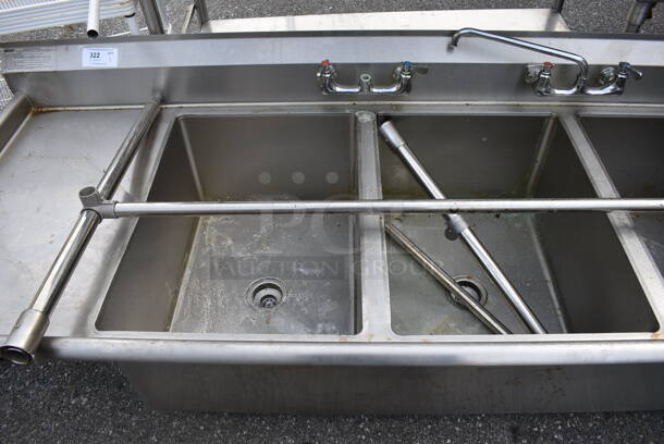 Eagle Stainless Steel Commercial 3 Bay Sink w/ Dual Drain Boards, Faucet and 2 Handle Sets. 104x34x28. Bays 20x28x13. Drain Boards 18x31x1 - Image 4 of 5