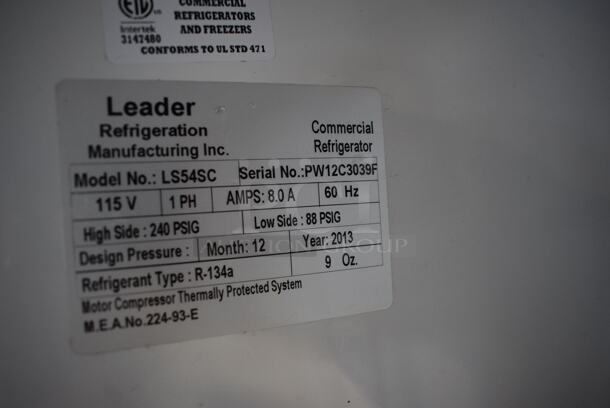 2013 Leader LS54SC Stainless Steel Commercial 2 Door Reach In Cooler Merchandiser w/ Racks. 115 Volts, 1 Phase. 54x30x75. Tested and Working! - Image 4 of 6
