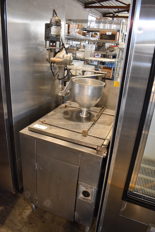 Stainless Steel Commercial Floor Style  Natural Gas Powered Donut Fryer w/ Belshaw Type F Metal Commercial Electric Powered Dough Dropper, Hopper and Plunger. 50,000 BTU. 31x36x69 - Image 2 of 9