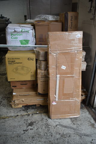 PALLET LOT of 21 BRAND NEW Boxes Including 395TO991 EcoChoice 9" x 9" x 3" Compostable Sugarcane / Bagasse 1 Compartment Take-Out Box - 200/Case, 2 Box 128HDLDBULK ChoiceHD Microwavable Translucent Plastic Deli Container Lid - 480/Case, 5008W Choice 8 oz. Tall White Poly Paper Hot Cup - 1000/Case, Choice 4 oz Portion Cups, Choice 16 oz Clear Shallow Hinged Deli Container, 5002CPTENAT Lavex 2-Ply Natural Kraft Center Pull Paper Towel 510' Roll - 6/Case, 245CB10PLN Choice 10" x 10" x 2" Kraft Customizable Corrugated Plain Pizza Box - 50/Case, 79516ESWHT Emperor's Select 16 oz. White Microwavable Paper Take-Out Container - 450/Case, 5 Box 600PSWT3048F Regency 30" x 48" Poly Table Top for 30" x 48" Poly Top Table without Backsplash. 21 Times Your Bid!