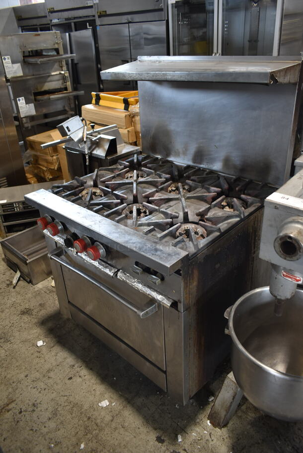 Garland SunFire X36-6R Stainless Steel Commercial Natural Gas Powered 6 Burner Range w/ Oven, Back Splash and Over Shelf. - Image 2 of 8