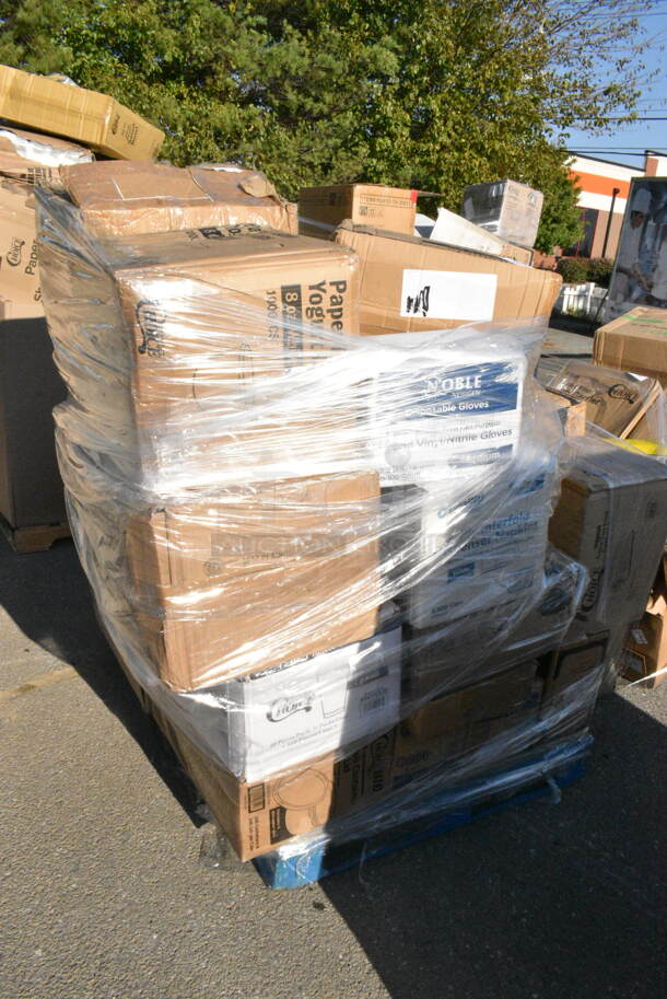 31 BRAND NEW Boxes Including 760IC08W Frozen Yogurt Cups Choice 8oz, 394325M Noble NexGen Powder-Free Disposable Blue Hybrid 3 Mil Thick Gloves M, 966UPWIDEB-500 OneUp by Choice White 2-Ply Wide Interfold 6 1/2" x 8 1/2" Dispenser Napkin - 6000/Case, 795PTOKFT3 Choice Kraft Microwavable Folded Paper #3 Take-Out Container 7 3/4" x 5 1/2" x 2 1/2", 150LFFBAG Carnival King 5" x 1" x 4" Large Kraft French Fry Bag - 2000/Case, 347TCL12 Choice 12 oz. Clear Disposable Plastic Tumbler - 500/Case, 128HD16COMBO Choice Heavy Duty 16 oz. Microwavable Translucent Plastic Deli Container and Lid Combo Pack - 240/Case, 127CH16F Choice 16 oz. Clear RPET Tall Hinged Deli Container - 200/Case, 2 Box 395RP07 EcoChoice Compostable Sugarcane / Bagasse 7" Plate - 1000/Case, 127CH08 Choice 8 oz. Clear RPET Tall Hinged Deli Container - 200/Case, 500CFT Lavex White C-Fold Standard Weight Towel - 2400/Case, 395TO881 EcoChoice 8" x 8" x 3" Compostable Sugarcane / Bagasse 1 Compartment Take-Out Box - 200/Case, 160TCPR83WH Choice 83" Round White Seamless 100% Spun Polyester Hemmed Cloth Table Cover, 347TCL12 Choice 12 oz. Clear Disposable Plastic Tumbler - 500/Case, Stolzle 3770002T Revolution 13 oz. White Wine Glass - 6/Pack, 182PB1824 Choice 18" x 24" Plastic Produce Bag on a Roll - 4/Case, 3 Box Fineline 3311-BK Platter Pleasers 9 1/4" Black Heavy-Duty Disposable Plastic Scalloped Serving Tongs - 24/Case. 31 Times Your Bid!  - Image 1 of 12