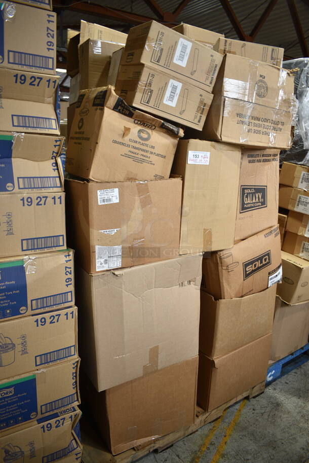 PALLET LOT of 30 BRAND NEW Boxes Including 3 Box Rubbermaid Q851-20 Dust Mops, Honey Mustard, PL2N Dart Clear Plastic Lids, Solo Plastic Cups, 42BR Cups, Solo P325N 3.25 oz. Translucent Polystyrene Souffle Cup / Portion Cup - 2500/Case. 30 Times Your Bid!  - Image 2 of 12