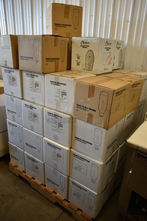 PALLET LOT of 57 Boxes of 6 BRAND NEW! Dispensers; Foaming Gel Wash and Automatic Aerosol Dispenser. 57 Times Your Bid!