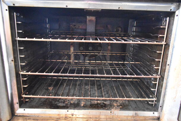 Hobart HGC5 Stainless Steel Commercial Propane Gas Powered Full Size Convection Oven w/ View Through Doors, Metal Oven Racks and Thermostatic Controls on Metal Legs.  - Image 5 of 6