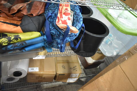 ALL ONE MONEY! Two Tier Lot of Various Items Including Black Cylindrical Bins, Clear Bin, KL11902 Carlisle Melamine Rimmed Nappie Bowl, White Paper Bags. 