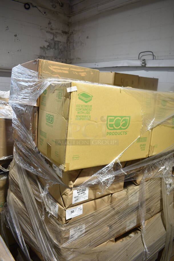 PALLET LOT of 39 BRAND NEW Boxes Including Eco Products EP-RC16 16 oz. PLA Plastic Compostable Rectangular Deli Container and Lid - 300/Case, 8x13 White Freezer #25 Bundle. 39 Times Your Bid!  - Image 1 of 5