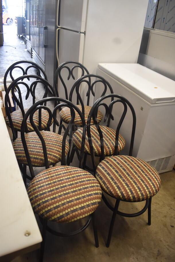 6 Black Bistro Dining Chairs with Circular Cushions. Some Pads May Need Reattached. 
Stock Picture - Cosmetic Condition May Vary. 6 Times Your Bid!
 - Image 2 of 3
