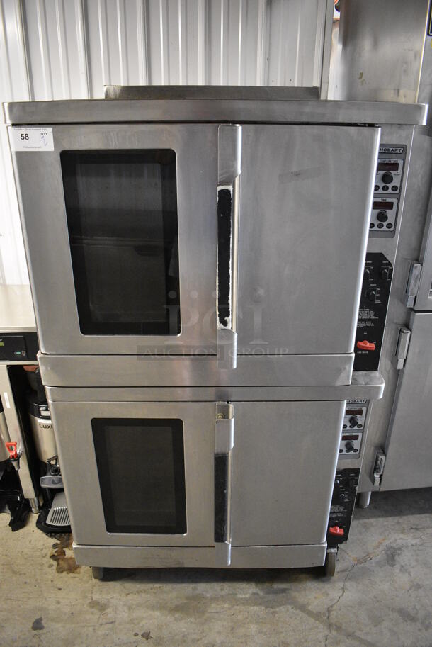 2 Hobart Stainless Steel Commercial Natural Gas Powered Full Size Convection Ovens w/ View Through Doors, Metal Oven Racks on Commercial Casters. 38x37x66. 2 Times Your Bid!