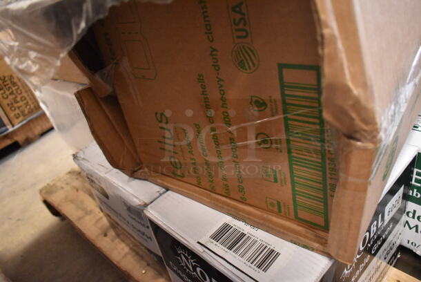 PALLET LOT of 20 BRAND NEW Boxes Including 500TW9 Choice 9 oz. Translucent Thin Wall Plastic Cold Cup - 2500/Case, Tellus Products 9" x 9" No PFAS Added Natural Bagasse Clamshell Container - 200/Case, 394345M Noble Medium Gloves, 394365M Noble Products Powder-Free Disposable Clear Vinyl Gloves for Foodservice - Medium - 1000/Case, 500CC12 Choice Clear PET Customizable Plastic Cold Cup - 12 oz. - 1000/Case, 500CC9 Choice 9 oz. Clear PET Customizable Plastic Squat Cold Cup - 1000/Case, 5008DWALLC Choice 8 oz. Tall Coffee Break Print Smooth Double Wall Paper Hot Cup - 500/Case, 129MCR32B Choice 32 oz. Black Round Microwavable Heavy Weight Container with Lid 7 1/4" - 150/Case, 2 Box 346WSNSM Choice Medium Weight White Wrapped Plastic Spork, Straw, and Napkin Kit - 1000/Case, 74555-0150 Pizza Trays, Choice 32 oz. Clear RPET Hinged Deli Container - 200/Case, 433W8BGC Choice 8 lb. White Paper Bag - 500/Case. 20 Times Your Bid! - Image 4 of 12