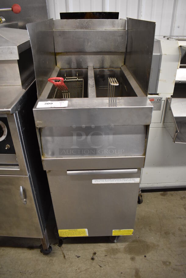 2019 Frymaster SM220GN Stainless Steel Commercial Floor Style Natural Gas Powered Deep Fat Fryer on Commercial Casters w/ Metal Fry Basket and 2 Side Splash Guards. 50,000 BTU. 16x31x47