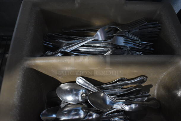 ALL ONE MONEY! Lot of Various Metal Silverware in 3 Brown Poly Silverware Bins and 1 Black Poly Silverware Bin! 21x13x4 - Image 4 of 5