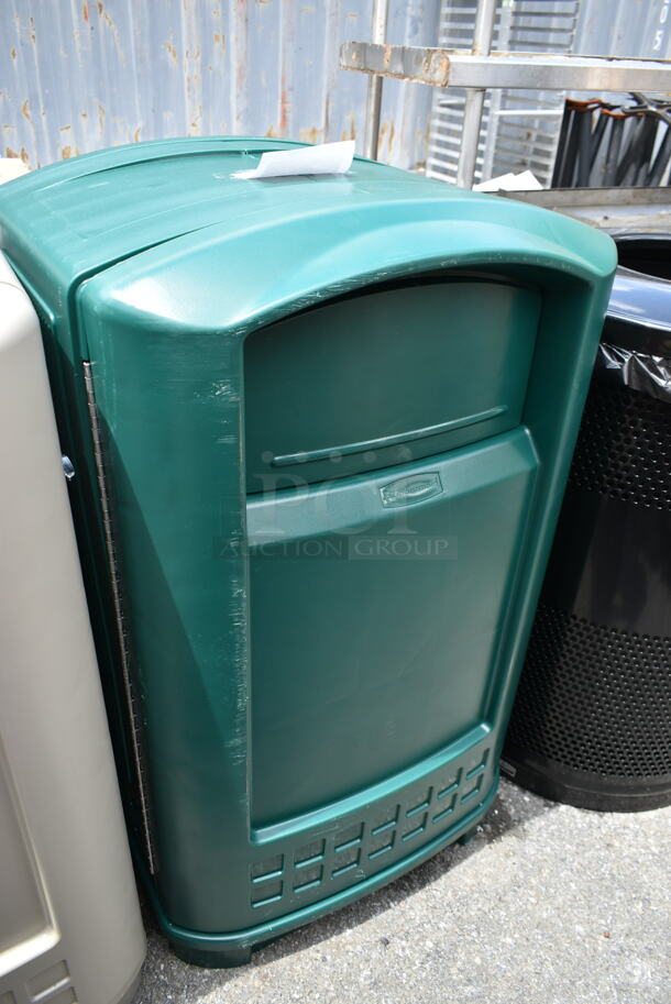 4 BRAND NEW SCRATCH AND DENT! Trash Can Shells; Rubbermaid FG9P9000BLA Plaza Black Square Junior Container with Side Opening Door 35 Gallon, Rubbermaid FG396400BEIG Plaza Beige Square Container with Side Opening 50 Gallon, Rubbermaid FG396400DGRN Plaza Dark Green Square Container with Side Opening 50 Gallon, Black Round Metal. 4 Times Your Bid! - Image 7 of 9