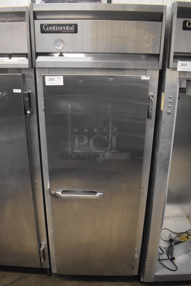 Continental 1RE Stainless Steel Commercial Single Door Reach In Cooler on Commercial Casters. 115 Volts, 1 Phase. 28.5x36x77.5. Tested and Working! - Image 1 of 6