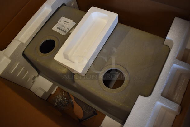 BRAND NEW SCRATCH AND DENT! Elkay ELGDULB3322GS0 Elkay Quartz Classic 33" x 19" x 10" Equal Double Bowl Undermount Sink with Aqua Divide Greystone. Stock Picture Used For Gallery Picture. - Image 6 of 6