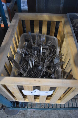 ALL ONE MONEY! Lot of Various Metal Silverware in Clear Poly Bin and Wooden Crate! 15x10.5x9.5
