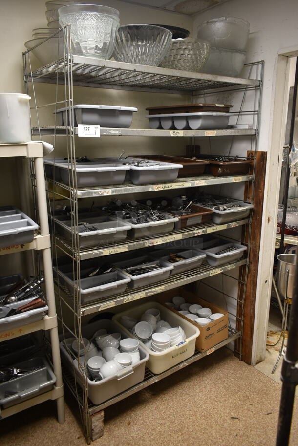 Metal Wire 6 Tier Shelving Unit w/ Contents Including Bins of Silverware. BUYER MUST REMOVE: BUYER MUST DISMANTLE. PCI CANNOT DISMANTLE FOR SHIPPING. PLEASE CONSIDER FREIGHT CHARGES. (dish room) - Image 1 of 7