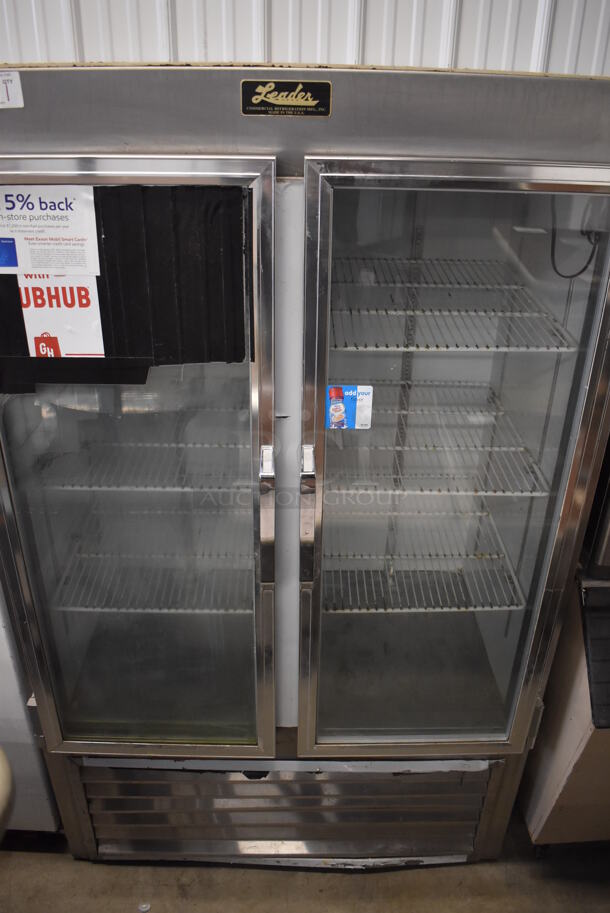 Leader Metal Commercial 2 Door Reach In Cooler Merchandiser w/ Poly Coated Racks. 115 Volts, 1 Phase. 48x34x78. Tested and Working!