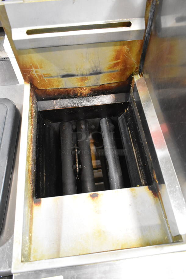 Vulcan LG300 Stainless Steel Commercial Floor Style Natural Gas Powered Deep Fat Fryer w/ 2 Metal Fry Baskets and Right Side Splash Guard on Commercial Casters. 90,000 BTU.  - Image 3 of 5