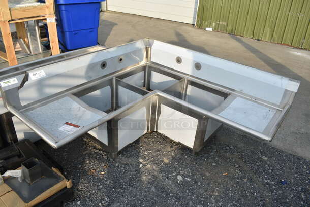 BRAND NEW SCRATCH AND DENT! Regency 600S3181818C Stainless Steel Commercial 3 Bay L Shaped Sink w/ Dual Drain Board. No Legs. Bays 18x18x14. Drain Boards 16x19.5 - Image 2 of 10