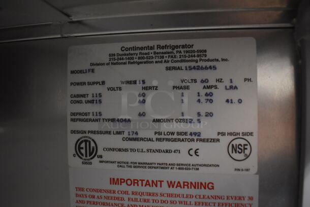 Continental 1FE Stainless Steel Commercial Single Door Reach In Freezer on Commercial Casters. Missing Door. 115 Volts, 1 Phase. 28.5x36x77.5. Tested and Powers On But Temps at 46 Degrees - Image 6 of 6