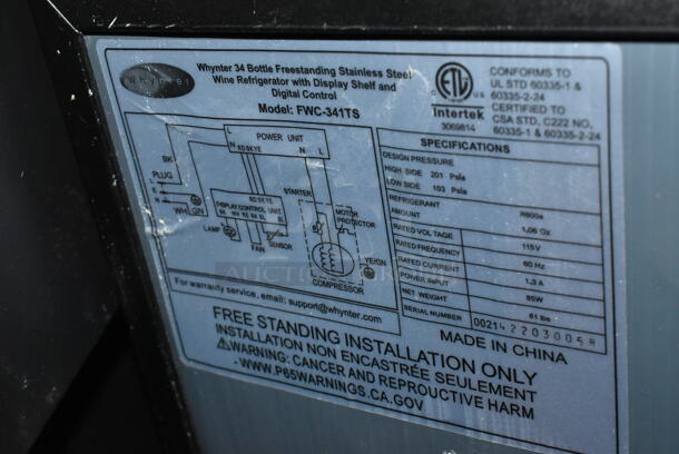 BRAND NEW SCRATCH AND DENT! Whynter FWC-341TS Metal 34 Bottle Freestanding Wine Cooler Merchandiser w/ Display Shelf and Digital Control. 115 Volts, 1 Phase. Tested and Working! - Image 6 of 6