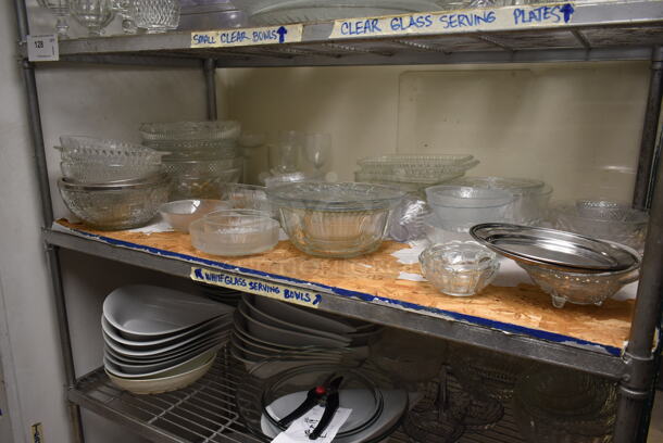 Metal Wire 4 Tier Shelving Unit w/ Contents Including Ceramic Bowls. BUYER MUST REMOVE: BUYER MUST DISMANTLE. PCI CANNOT DISMANTLE FOR SHIPPING. PLEASE CONSIDER FREIGHT CHARGES. (dish room) - Image 3 of 5