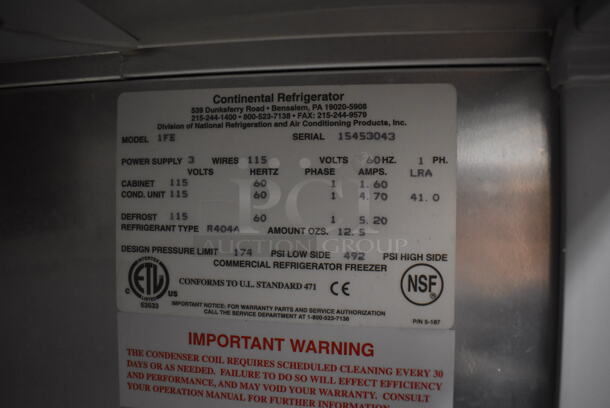 Continental 1FE Stainless Steel Commercial Single Door Reach In Freezer on Commercial Casters. Missing Door. 115 Volts, 1 Phase. 28.5x36x77.5. Tested and Powers On But Temps at 51 Degrees - Image 5 of 6