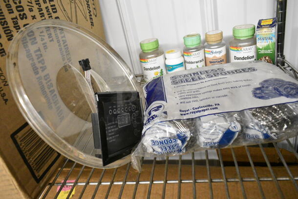 ALL ONE MONEY! Metro Lot of Various Items Including 612605070 Choice Full Size Foil Steam Table Pan Deep 3 3/8" Depth - Full Size Deep - 50/Case, 2 Sets of Casters, Dart 85HT1R 8" x 8" x 3" White Foam Square Take Out Container with Perforated Hinged Lid, Dandelion Supplement, Bladderwrack Supplement, Stainless Steel Sponges,  Notrax Mat, Poly Fan. Does Not Include Shelving Unit.  - Image 10 of 12
