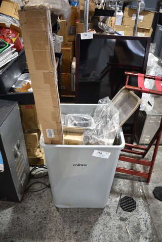 BRAND NEW! Winco Gray Trash Can w/ Contents Including VEX-54P Posts, Winware Airpot, S612A.