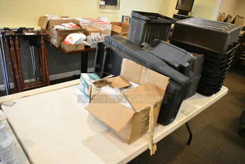ALL ONE MONEY! Lot of Various Items Including Poly Bus Bins. Does Not Include Table. (main dining room)