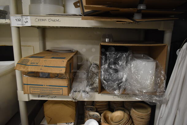 Tan Poly 6 Tier Shelving Unit w/ Contents Including Paper Products. BUYER MUST REMOVE: BUYER MUST DISMANTLE. PCI CANNOT DISMANTLE FOR SHIPPING. PLEASE CONSIDER FREIGHT CHARGES. (dish room) - Image 5 of 7