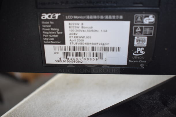 2 Acer B223W B 22" Computer Monitors. 100-240 Volts, 1 Phase. 2 Times Your Bid! - Image 5 of 7