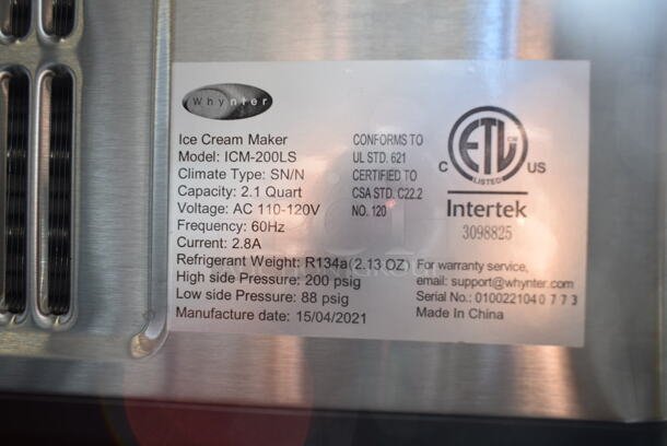 BRAND NEW SCRATCH AND DENT! Whynter ICM-200LS 2.1 Quart Capacity Automatic Compressor Ice Cream Maker in Stainless Steel. 115 Volts, 1 Phase. Tested and Working! - Image 5 of 5