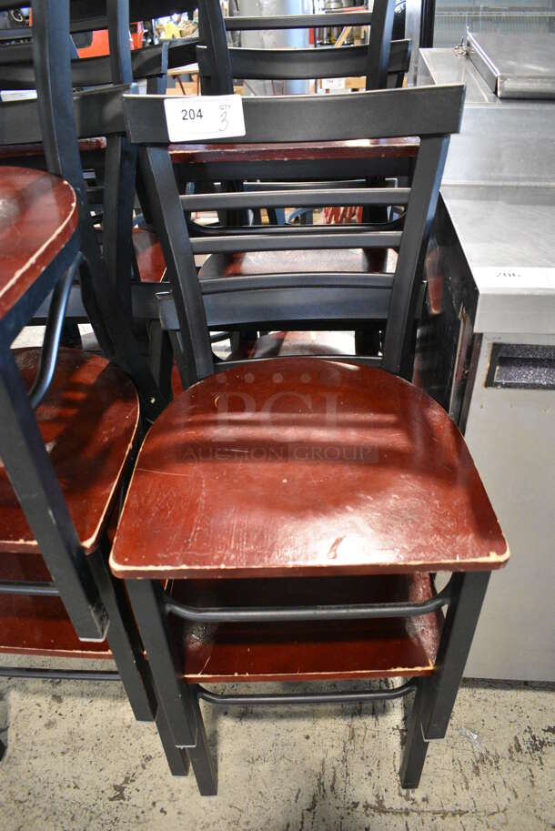 3 Black Metal Dining Chairs w/ Wood Pattern Seat. 16.5x17x32. 3 Times Your Bid!