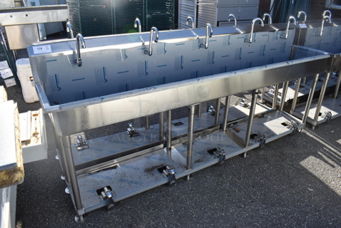 BRAND NEW SCRATCH AND DENT! Advance Tabco FS-FMM-100FV Stainless Steel 16 Gauge Multi Station Hand Sink w/ 5 Faucets, 5 Foot Pedals and Under Shelf. 100x18.5x44