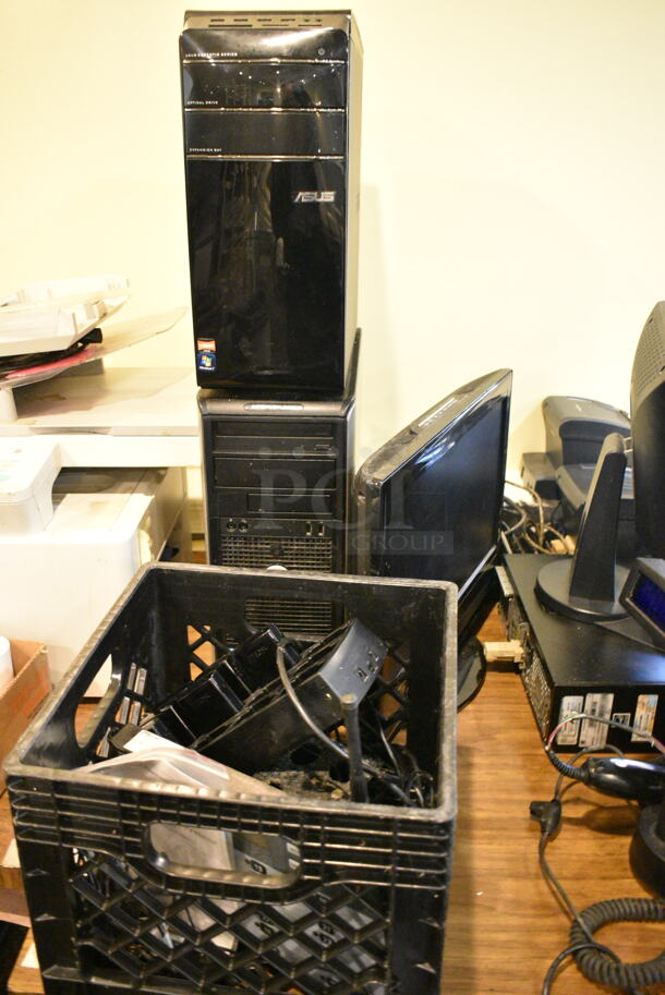 3 Wood Pattern Table w/ Contents Including Printer, Receipt Printer Rolls, POS Monitors, Bug Zapper. 3 Times Your Bid! (main dining room) - Image 3 of 4
