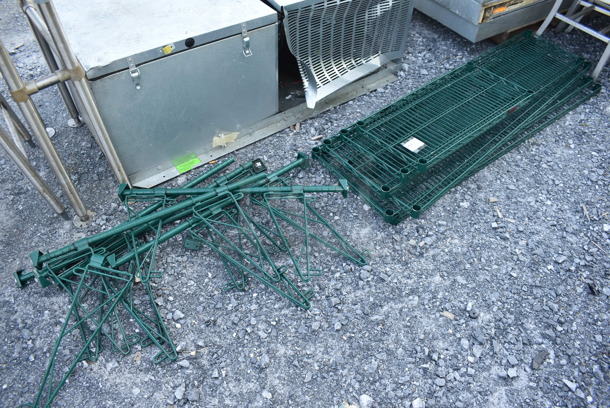 ALL ONE MONEY! Lot of 6 Green Finish Wire Shelves and 5 Brackets on Poles. Includes 30x14x1.5, 60x14x1.5