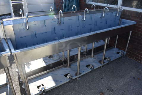 BRAND NEW SCRATCH AND DENT! Advance Tabco FS-FMM-100FV Stainless Steel 16 Gauge Multi Station Hand Sink w/ 5 Faucets, 5 Foot Pedals and Under Shelf. 100x18.5x44