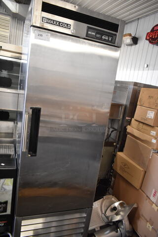 Maxx Cold MCR-23FDRE Stainless Steel Commercial Single Door Reach In Cooler w/ Poly Coated Racks on Commercial Casters. Missing 1 Caster. 115 Volts, 1 Phase. Tested and Working!