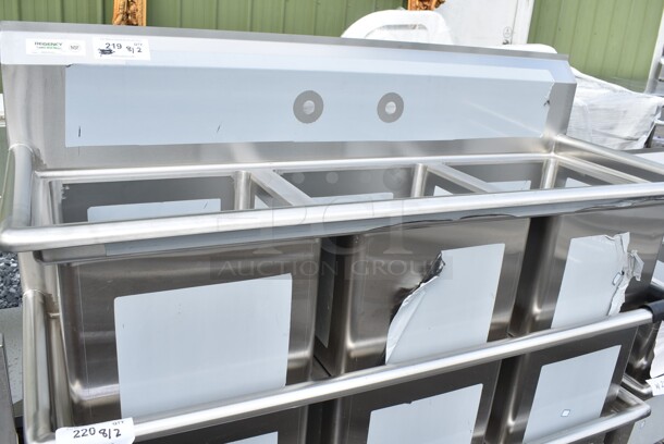 BRAND NEW SCRATCH AND DENT! Regency 600S31515 54" 16-Gauge Stainless Steel Three Compartment Commercial Sink with Galvanized Steel Legs and without Drainboards - 15" x 15" x 12" Bowls. No Legs.  - Image 2 of 6