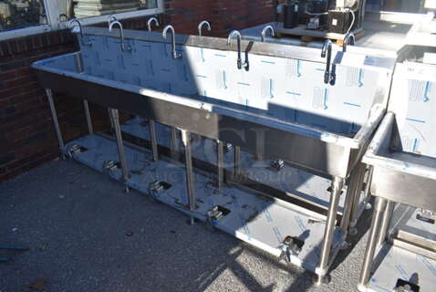 BRAND NEW SCRATCH AND DENT! Advance Tabco FS-FMM-100FV Stainless Steel 16 Gauge Multi Station Hand Sink w/ 5 Faucets, 5 Foot Pedals and Under Shelf. 100x18.5x44