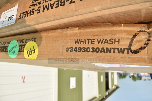 2 BRAND NEW SCRATCH AND DENT! Lancaster Table & Seating 3493030ANTWT Industrial 30" x 30" Solid Wood Live Edge Table Top with Antique White Wash Finish. 2 Times Your Bid! May Be Missing Pieces.  - Image 4 of 4
