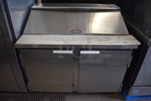 Leader NSFM48 S/C Stainless Steel Commercial Sandwich Salad Prep Table Bain Marie Mega Top on Commercial Casters. 115 Volts, 1 Phase. 48x33x45. Tested and Powers On But Does Not Get Cold