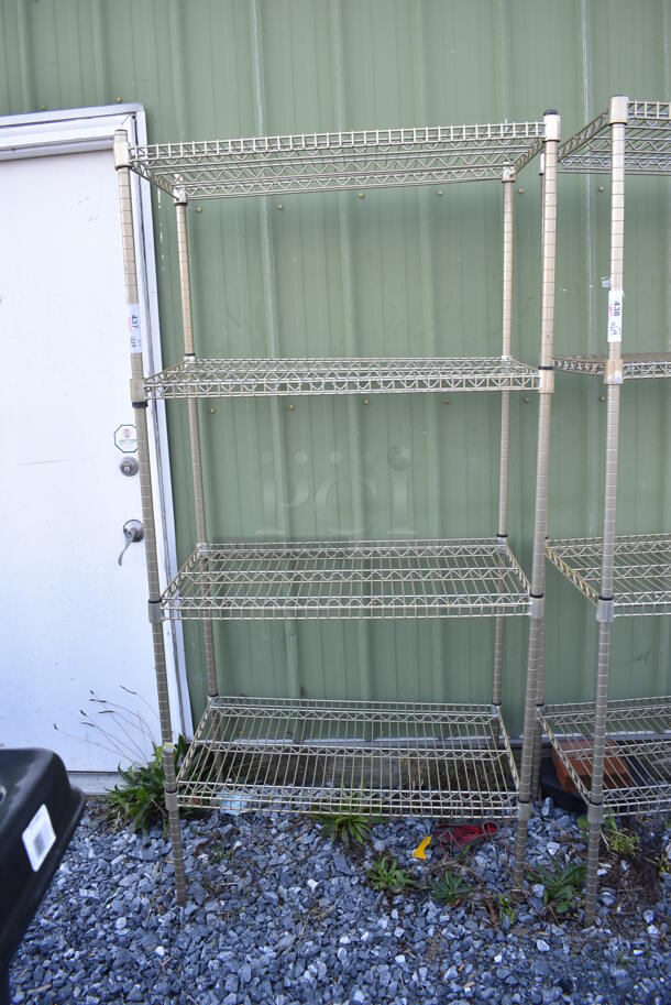 Gold Finish 4 Tier Wire Shelving Unit. BUYER MUST DISMANTLE. PCI CANNOT DISMANTLE FOR SHIPPING. PLEASE CONSIDER FREIGHT CHARGES. 36x21x75 - Image 1 of 4