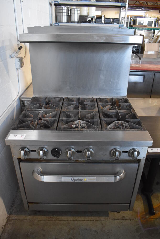Qualite Stainless Steel Commercial Natural Gas Powered 6 Burner Range w/ Oven, Over Shelf and Back Splash. 36x33x61