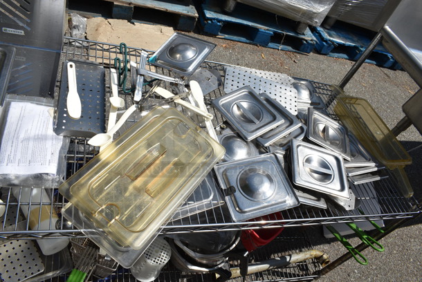 Chrome Finish 2 Tier Wire Shelving Unit w/ Contents Including Stainless Steel Drop In Bin Lids. BUYER MUST DISMANTLE. PCI CANNOT DISMANTLE FOR SHIPPING. PLEASE CONSIDER FREIGHT CHARGES. - Image 4 of 7
