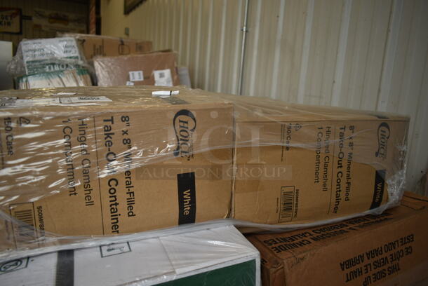 PALLET LOT of 29 BRAND NEW Boxes Including 4 Boxes 394325XL Noble NexGen Powder-Free Disposable Blue Hybrid 3 Mil Thick Gloves - Extra Large - 1000/Case, 2 Box 500MF883W1C Choice 8" x 8" 1-Compartment Microwaveable White Mineral-Filled Plastic Hinged Take-Out Container - 150/Case, LG8R Solo Cup, 500TO993C3 Choice 9" x 9" x 3" Microwaveable 3-Compartment Black / Clear Plastic Hinged Container - 100/Case, 4 Box 129MCR32B Choice 32 oz. Black Round Microwavable Heavy Weight Container with Lid 7 1/4" - 150/Case, 395TO991 EcoChoice 9" x 9" x 3" Compostable Sugarcane / Bagasse 1 Compartment Take-Out Box - 200/Case, 2 Box 5013858 Lavex Li'l Herc 55-60 Gallon 1.2 Mil 38" x 58" Low Density Medium-Duty Black Trash Bag / Can Liner - 100/Case, 245CPB10 Choice 10" x 10" x 2" Kraft Corrugated Pizza Box - 50/Case, 12" Corrugated White Circles, 50020CAFE Choice 20 oz. Café Print Poly Paper Hot Cup - 600/Case. 29 Times Your Bid!  - Image 4 of 12