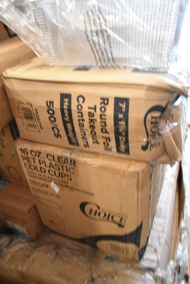 PALLET LOT of 25 BRAND NEW Boxes Including 795KFTL32RPE Choice 16-32 oz. Round PET Take-Out Lid - 300/Case, Choice 4 oz Portion Cups, 500CC32P Choice Clear PET Plastic Cold Cup - 32 oz. - 500/Case, 612527HD Choice 7" Round Heavy Weight Foil Take-Out Pan - 500/Case, 500CC32T Choice 32 oz. Straight Wall Clear PET Plastic Cold Cup - 300/Case, 3 Box 5002CPTENAT Lavex 2-Ply Natural Kraft Center Pull Paper Towel 510' Roll - 6/Case. 25 Times Your Bid! - Image 9 of 9
